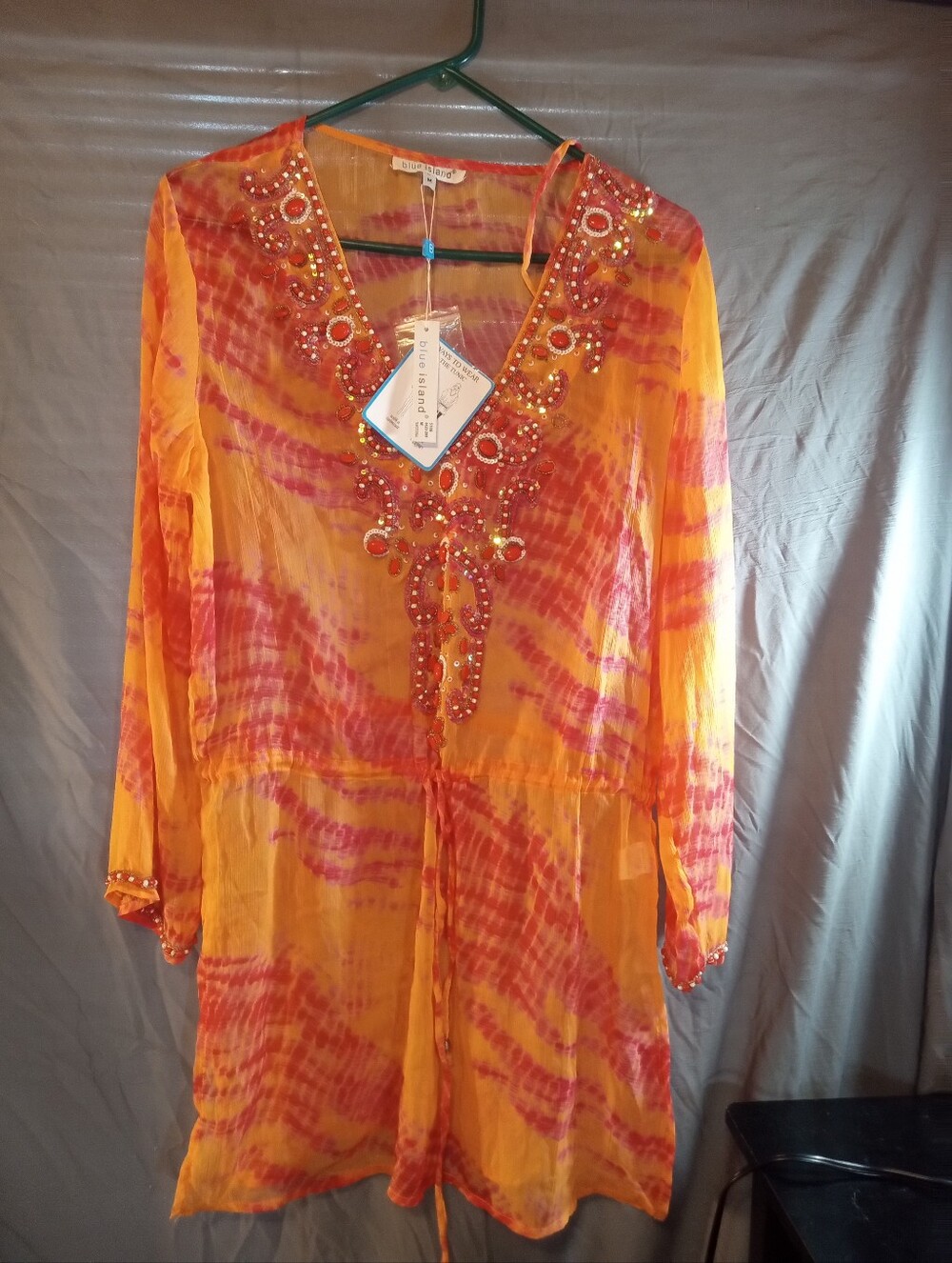 Brand New Blue Island Embroidered Orange Tie-Dye Bohemian Sheer Tunic